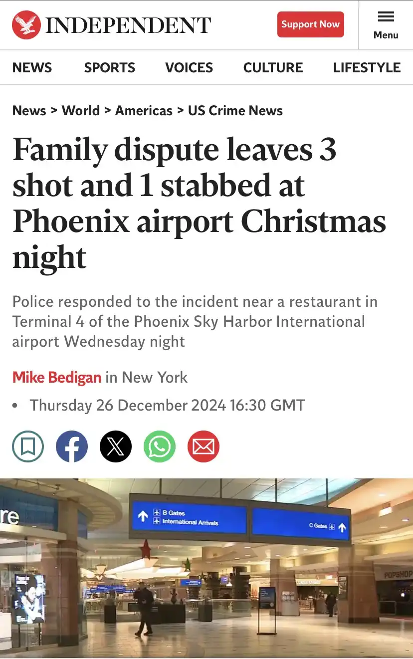 A screenshot of a news article from The Independent with a headline about a violent family dispute at Phoenix airport. The…