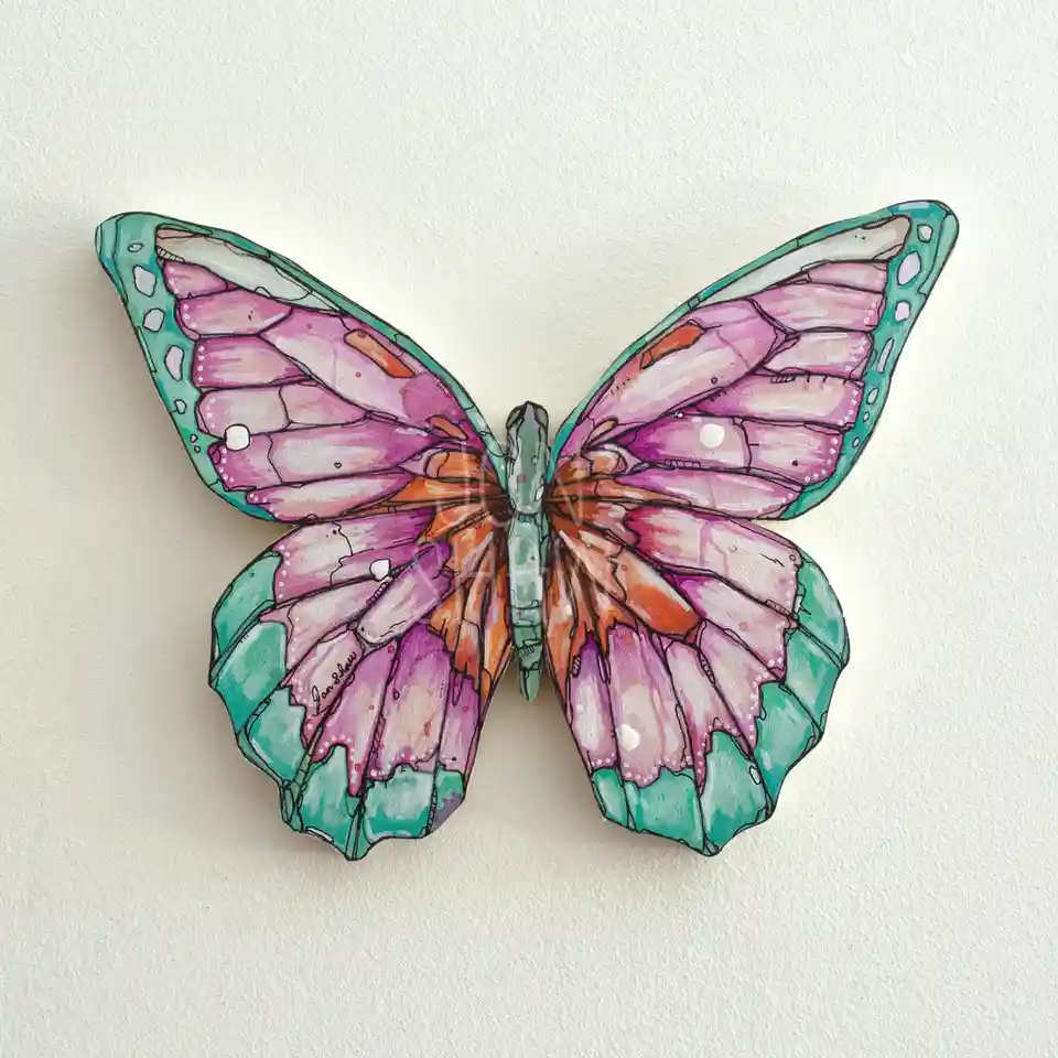 A hand-drawn illustration of a butterfly with pink, teal, and orange wings, displayed against a plain white background. The…