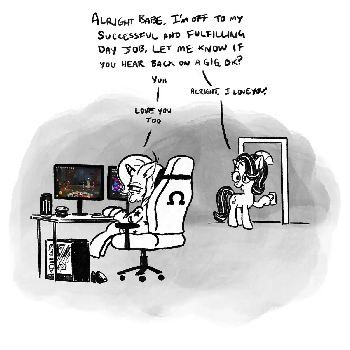 A cartoon pony sits in a gaming chair at a desk with two monitors, one showing a game and the other a streaming interface…