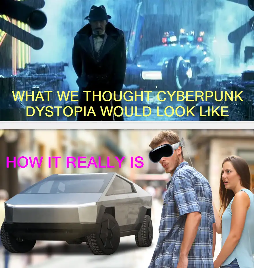 The top panel shows a rainy, neon-lit cyberpunk street with a man in a trench coat and fedora, overlaid with yellow text…