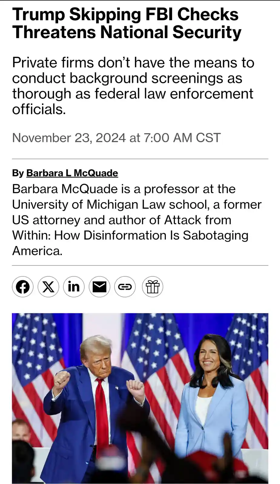 A screenshot of a fake news article dated November 23, 2024, with the headline 'Trump Skipping FBI Checks Threatens National…