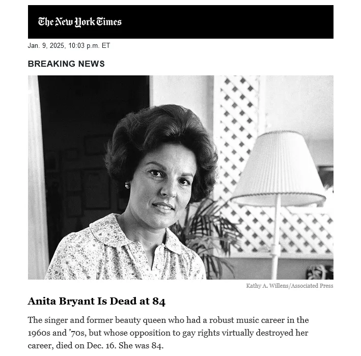 A black-and-white newspaper clipping from The New York Times dated Jan. 9, 2025, shows a photo of Anita Bryant with the…