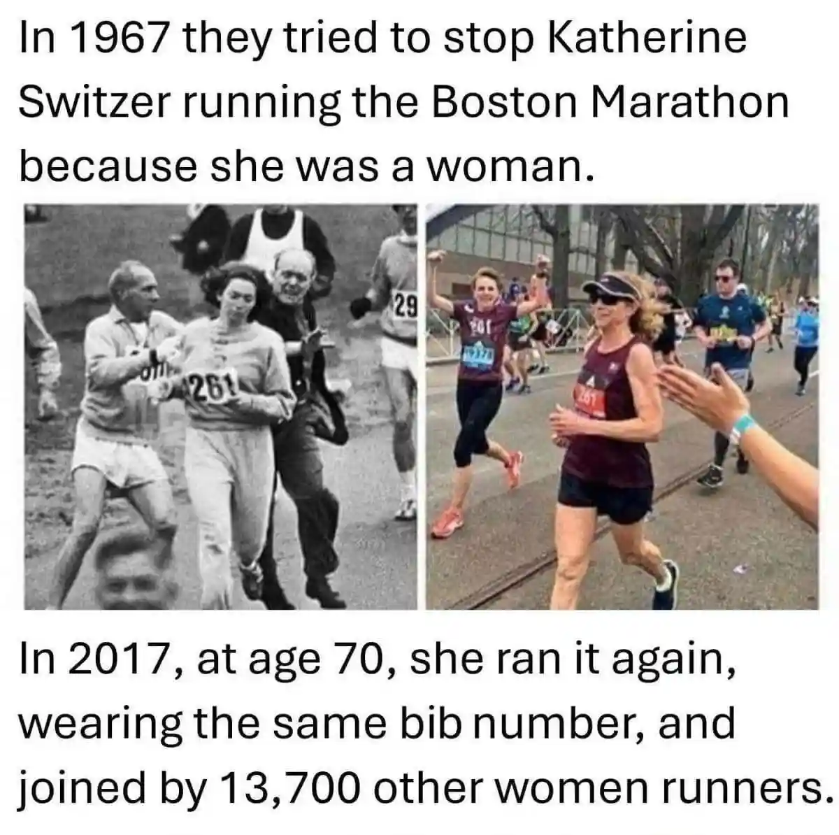 The image is a split-screen meme. The left panel is a black-and-white photo of a woman, Katherine Switzer, running in the…
