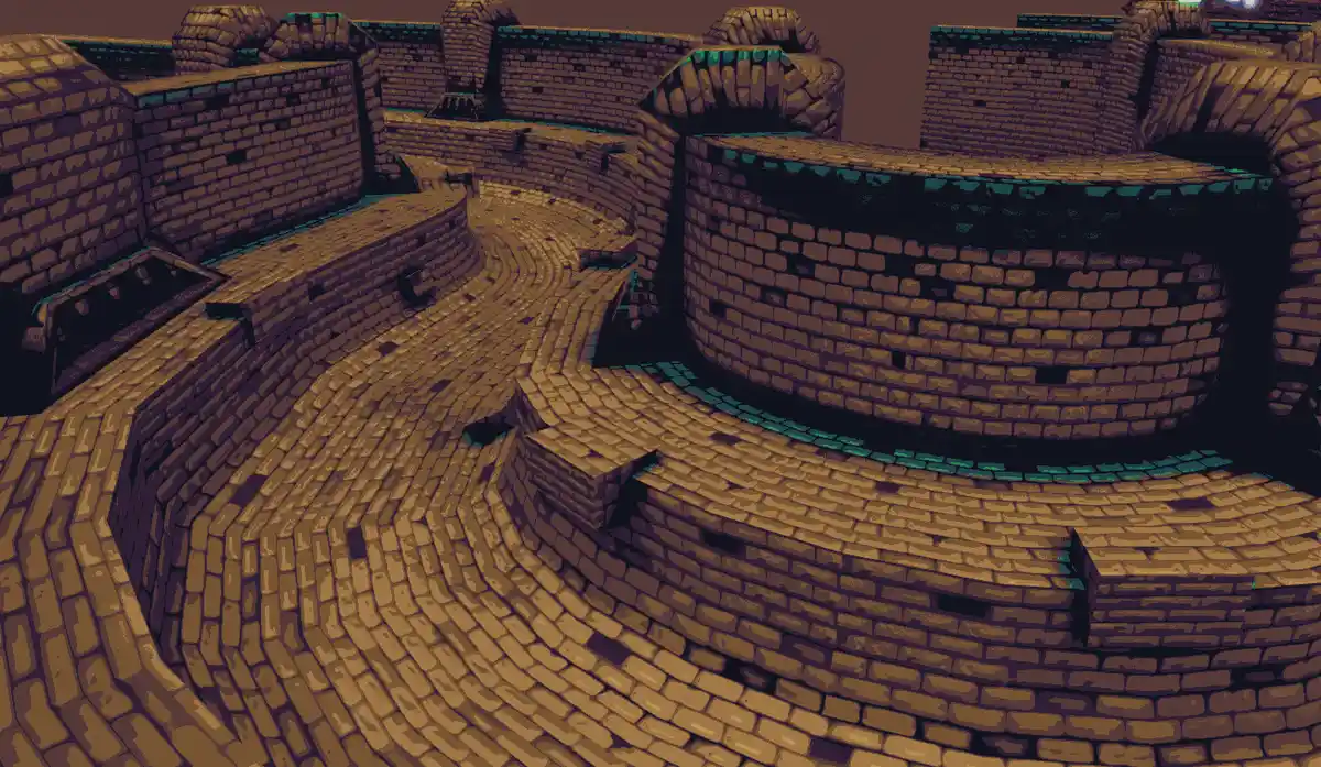 A pixel-art image depicts a complex, winding maze of brown brick walls and pathways, resembling a castle or dungeon. The…