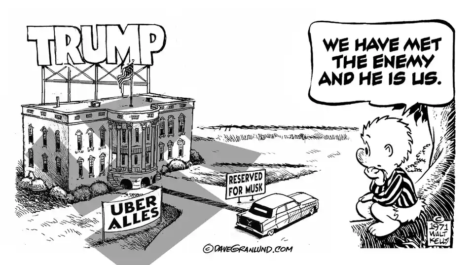 A black-and-white political cartoon shows a building resembling the White House with a large 'TRUMP' sign on top and an…