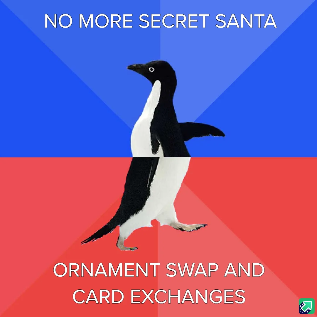 A black-and-white penguin stands centered against a blue-and-red background, split horizontally. The top half reads 'NO MORE…