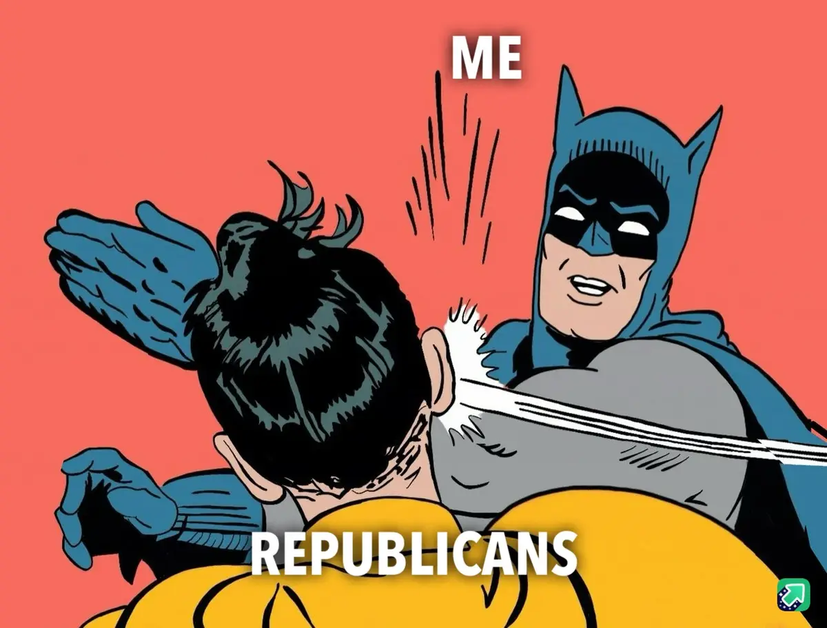Batman is shown from behind, delivering a powerful slap to the back of another person's head. The person being slapped is…
