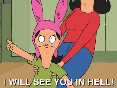 A cartoon girl with pink bunny ears, wearing a green shirt, points angrily forward while a woman in a red shirt holds her…