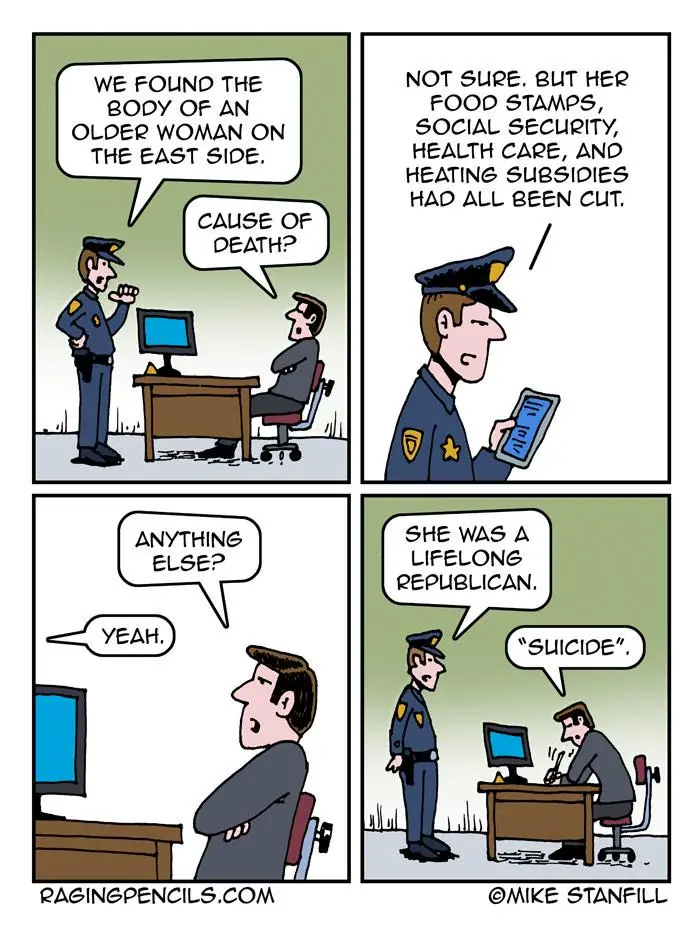 A four-panel comic strip shows a police officer reporting a body discovery to a bureaucrat. The officer asks for the cause…