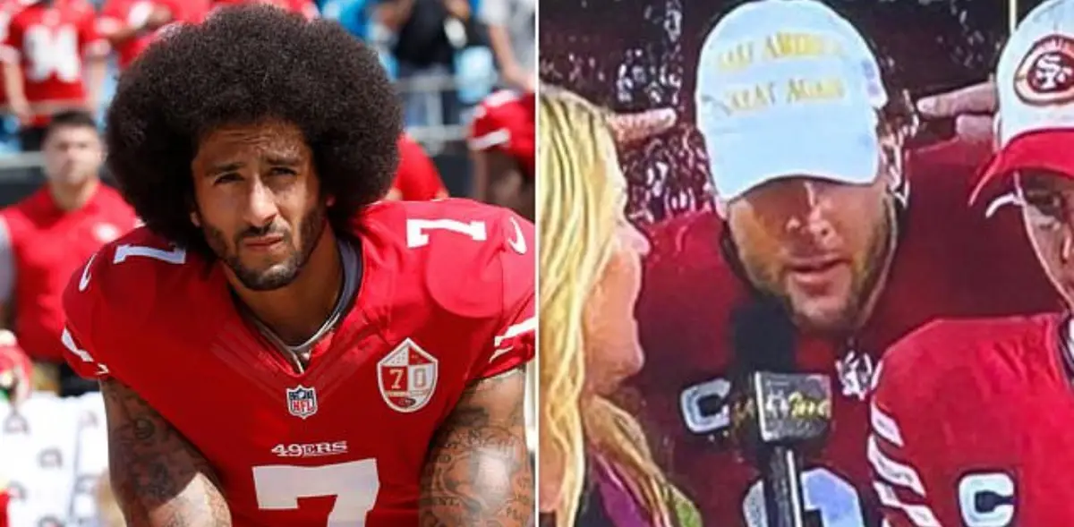 The image is a split-screen meme. Left side shows NFL player Colin Kaepernick in a red San Francisco 49ers jersey with…