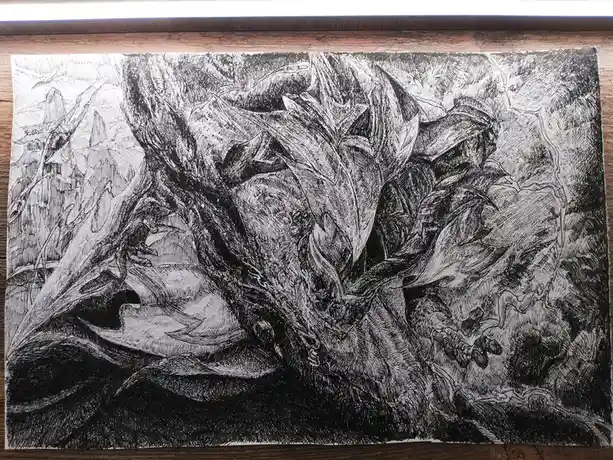A detailed black-and-white ink drawing of a large, menacing dragon with sharp claws and wings, rendered with heavy shading…