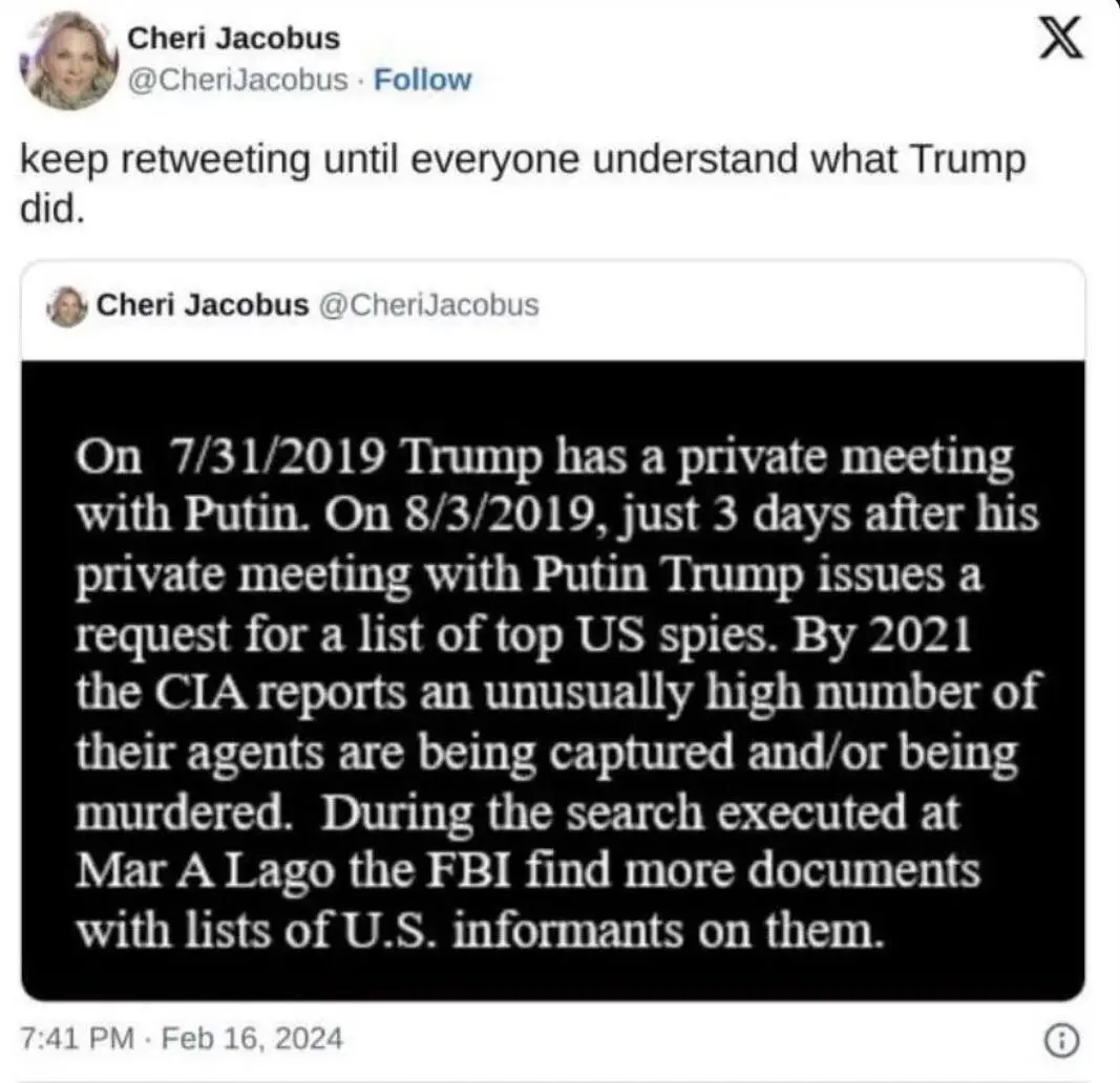 A screenshot of a Twitter post by Cheri Jacobus showing a black box with white text alleging a timeline of events involving…