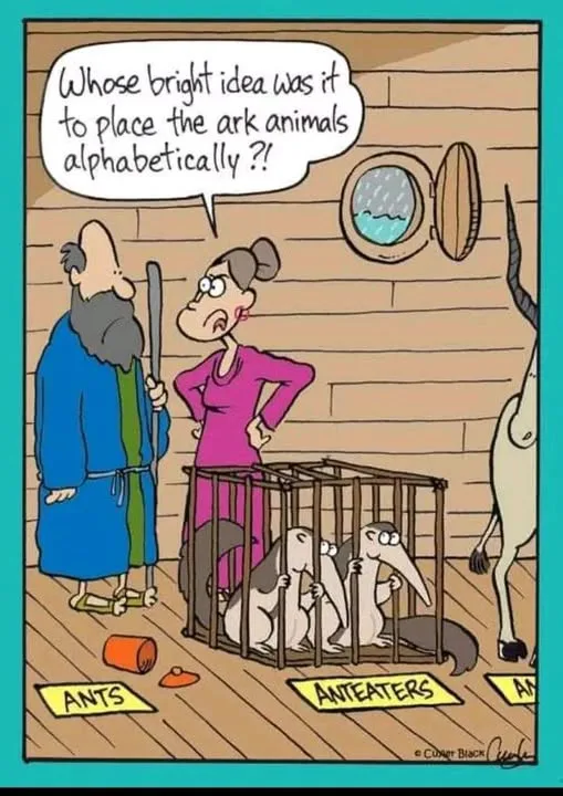 A cartoon depicts a woman in a pink dress angrily confronting a bearded man in a blue robe inside a wooden ark. She stands…