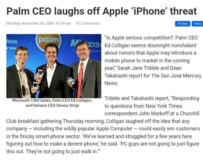 A screenshot of a 2006 news article shows three men—Microsoft's Bill Gates, Palm CEO Ed Colligan, and Verizon CEO Denny…