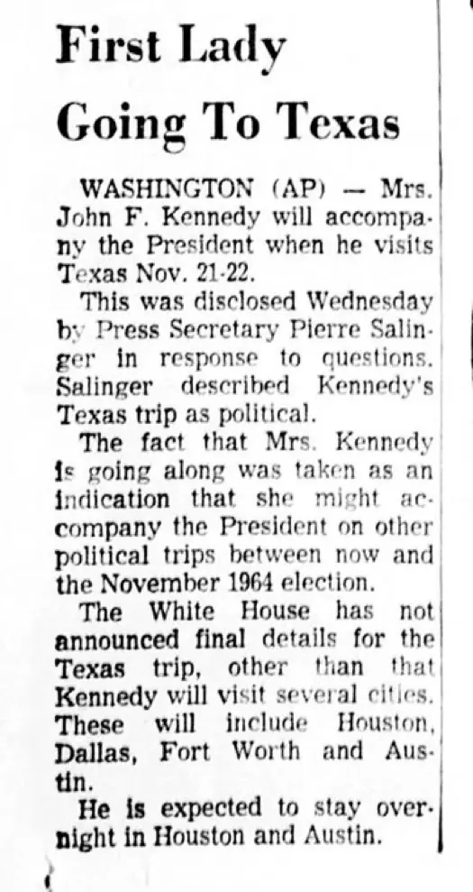 A black-and-white newspaper clipping from 1963 announces that First Lady Jacqueline Kennedy will accompany President John F…