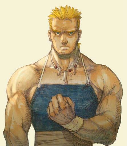 A muscular, spiky-haired anime man with a stern expression, wearing a blue apron over a striped shirt, holds a clenched fist…