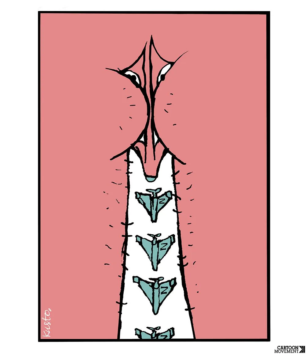 A cartoon drawing shows a person's torso with a white shirt pulled up to reveal four rows of teal-colored underwear, each…