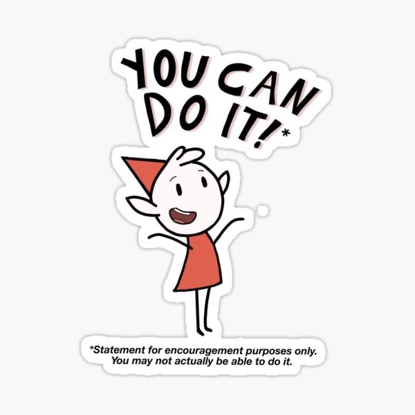 A cartoon elf with a red dress and pointed hat cheers with arms raised, a speech bubble above reads 'YOU CAN DO IT!*', and a…