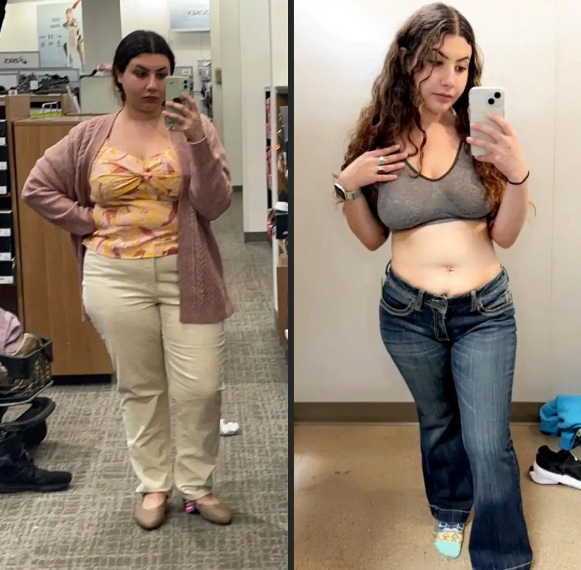 Two side-by-side mirror selfies show a woman in a clothing store. Left: She wears a patterned top, pink cardigan, and beige…