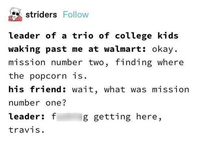 A screenshot of a social media post by 'striders' showing a text conversation where a college kid leader, after passing by…