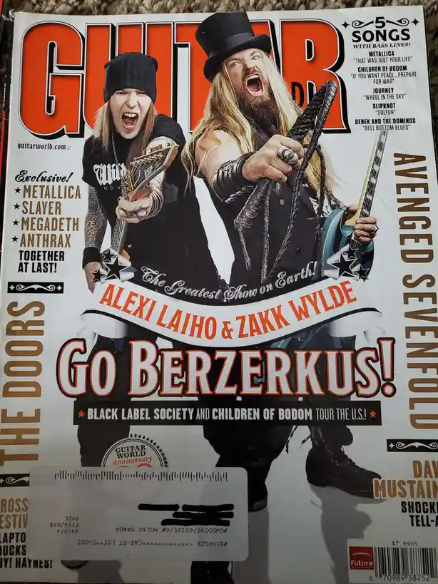The cover of Guitar World magazine features two screaming metal guitarists, Alexi Laiho and Zakk Wylde, holding guitars with…