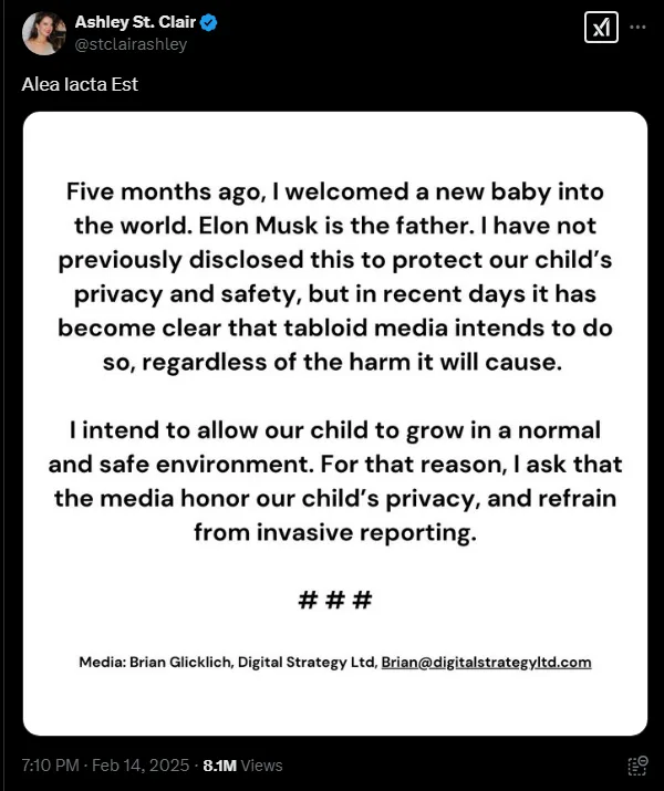 A screenshot of a tweet by Ashley St. Clair announcing her baby's birth with Elon Musk as the father, stating she's…