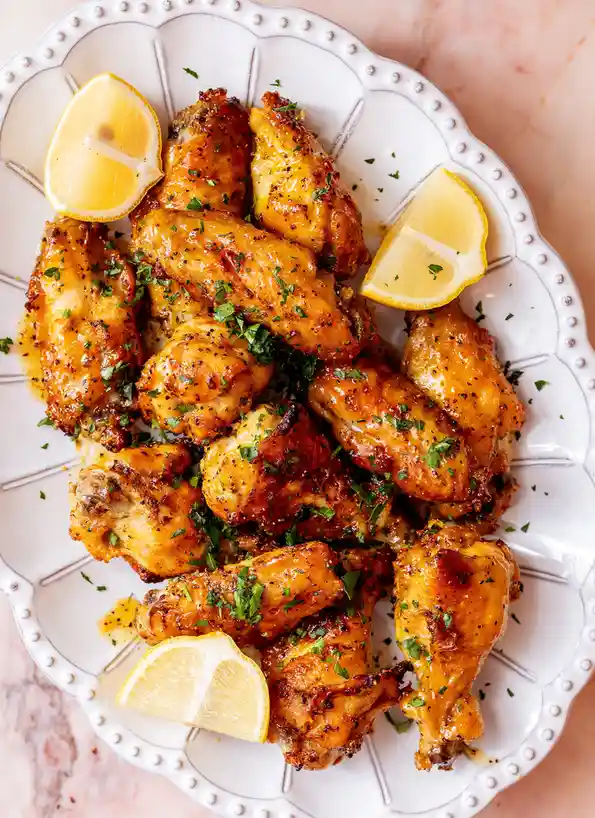 A top-down photo of a white, scalloped plate filled with golden-brown, glazed chicken wings garnished with chopped green…