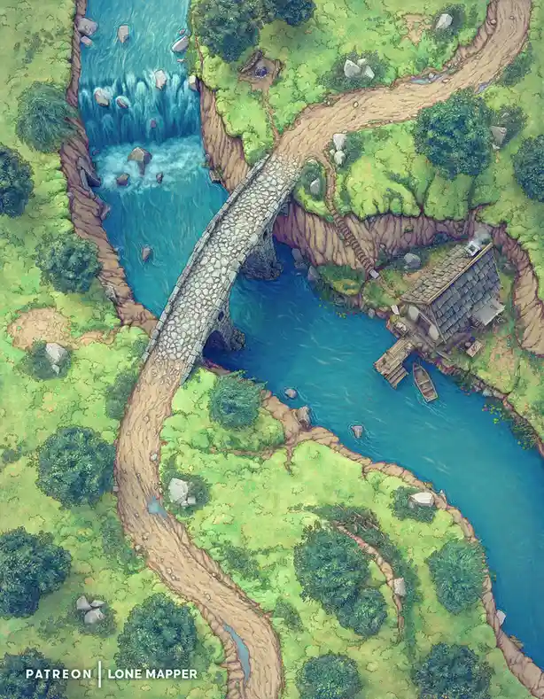 An overhead fantasy map illustration shows a winding dirt path crossing a stone bridge over a blue river, leading to a small…
