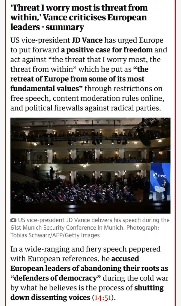 A news article screenshot shows US Vice President JD Vance speaking at the Munich Security Conference, with text summarizing…