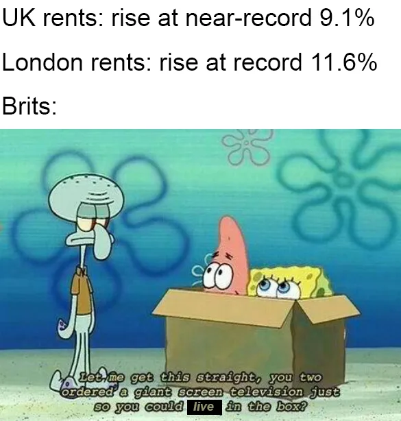 The image shows two cartoon characters, Squidward and Patrick, inside a cardboard box with SpongeBob looking out. Squidward…