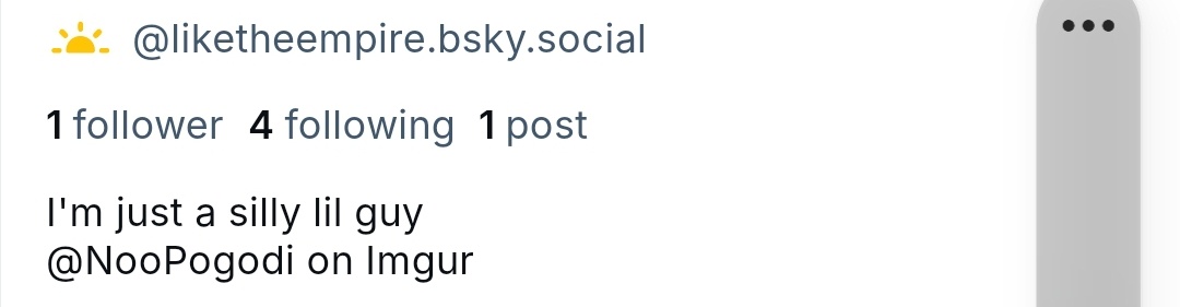 A screenshot of a social media profile with a sun icon, handle @liketheempire.bsky.social, stats showing 1 follower, 4…