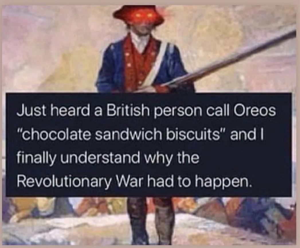 A historical painting of a colonial soldier with glowing red eyes, overlaid with text that reads: 'Just heard a British…