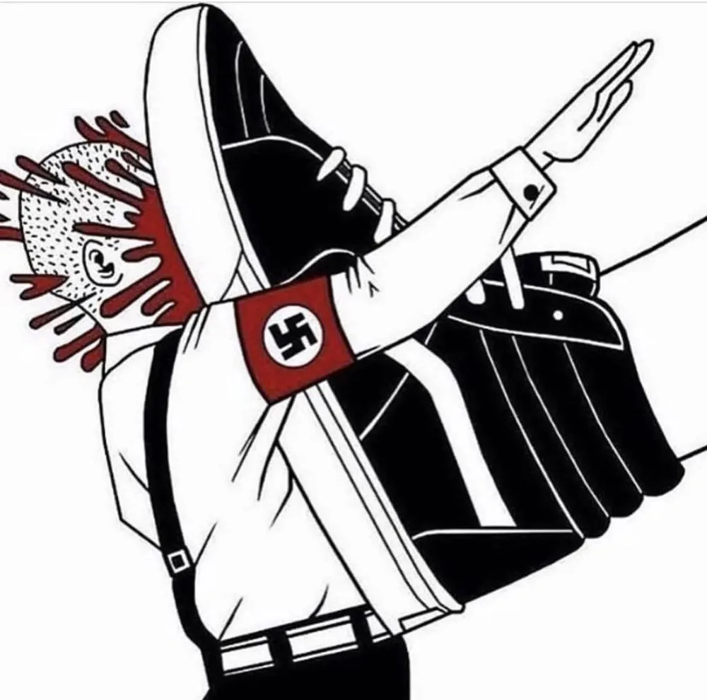 a cartoon drawing of a person in a white shirt and black pants, wearing a red armband with a swastika, performing the nazi…