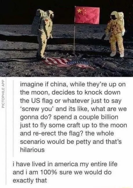 The image shows two astronauts on the moon, one planting a Chinese flag while the other stands near a knocked-over American…