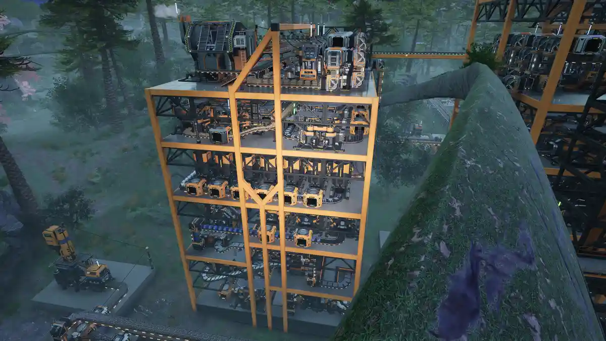 A screenshot from a factory-building simulation game shows a massive, multi-tiered industrial facility with orange and black…