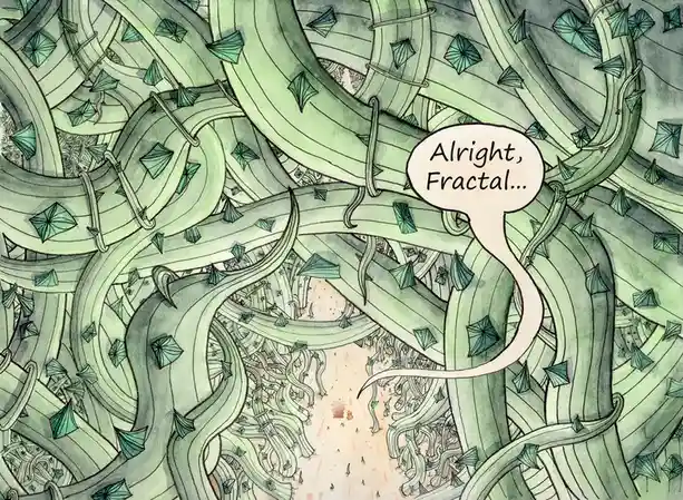 An intricate, watercolor-style illustration depicts a vast, self-similar fractal forest with twisting green vines and…