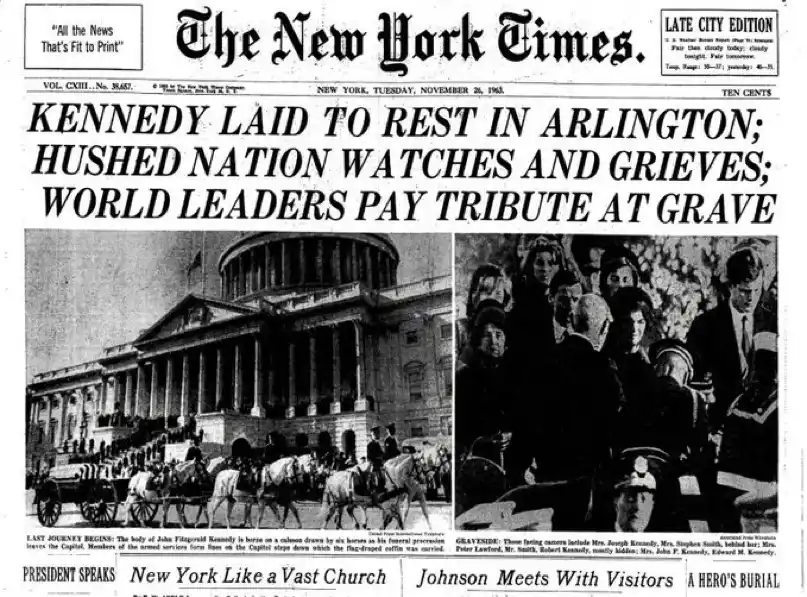A black-and-white newspaper front page from The New York Times dated November 26, 1963, reporting on the funeral of…
