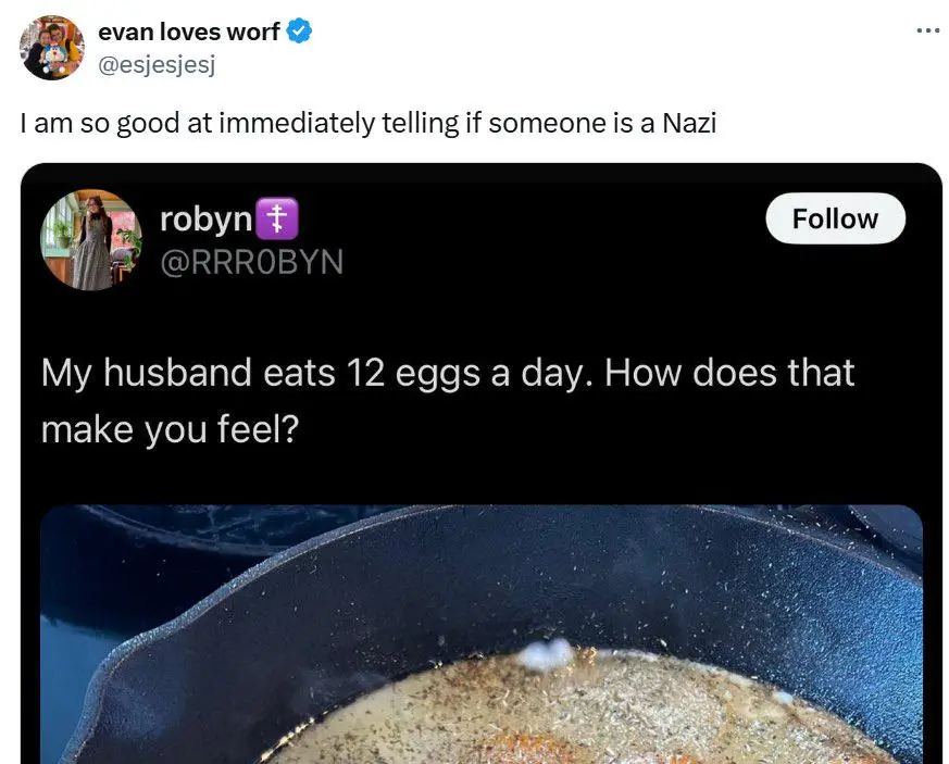 A screenshot of a tweet from user 'robyn' asking 'My husband eats 12 eggs a day. How does that make you feel?' overlaid on…