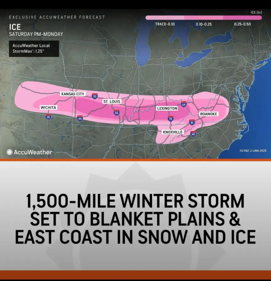 An AccuWeather ice forecast map shows a pink shaded area stretching from Wichita to Roanoke, covering cities like Kansas…