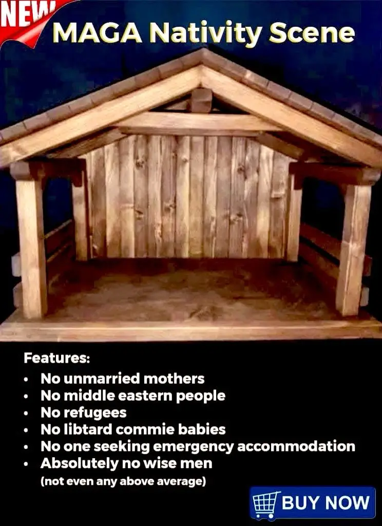 An image of an empty wooden nativity stable with overlaid text advertising a 'MAGA Nativity Scene' with features like 'No…