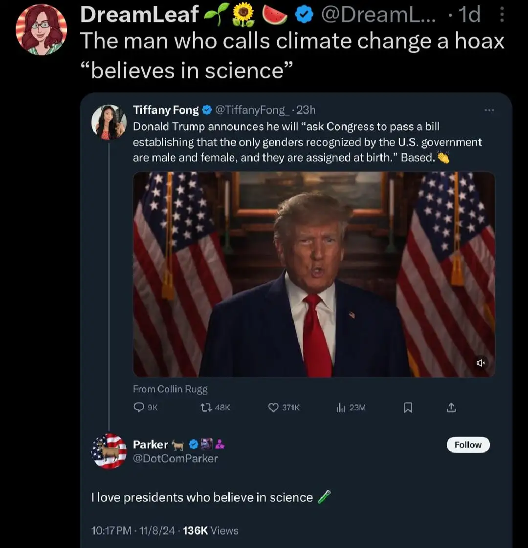 A screenshot of a Twitter thread shows a tweet by Tiffany Fong featuring a video of Donald Trump speaking in front of…