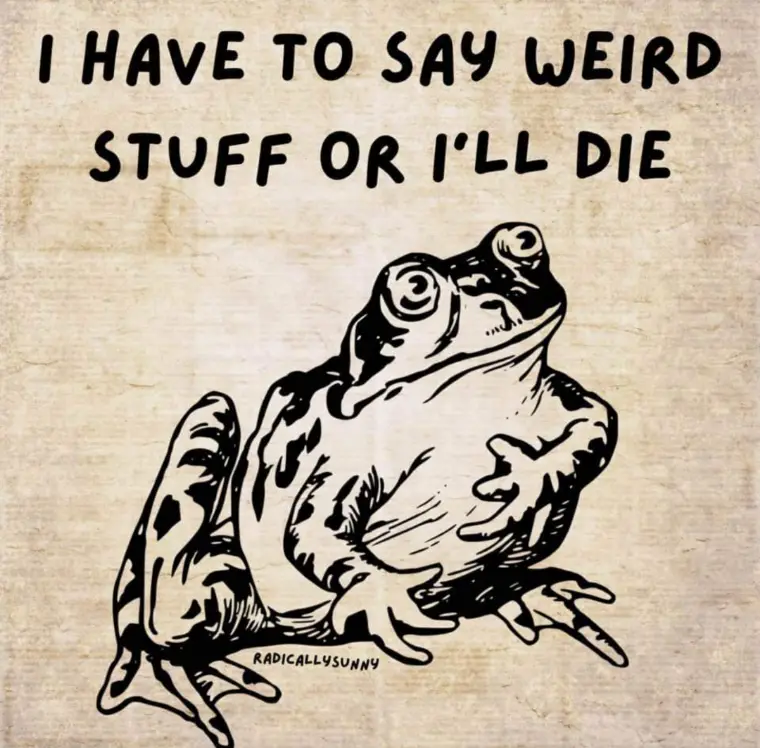 A black-and-white line drawing of a frog sitting upright on a textured beige background, with large eyes and a slightly open…
