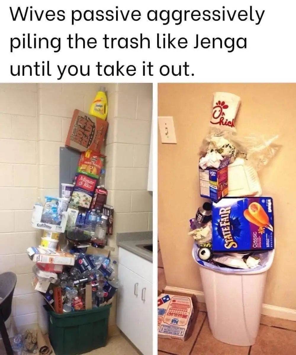Two side-by-side photos show trash being stacked precariously high in a kitchen, resembling a Jenga tower. The left image…