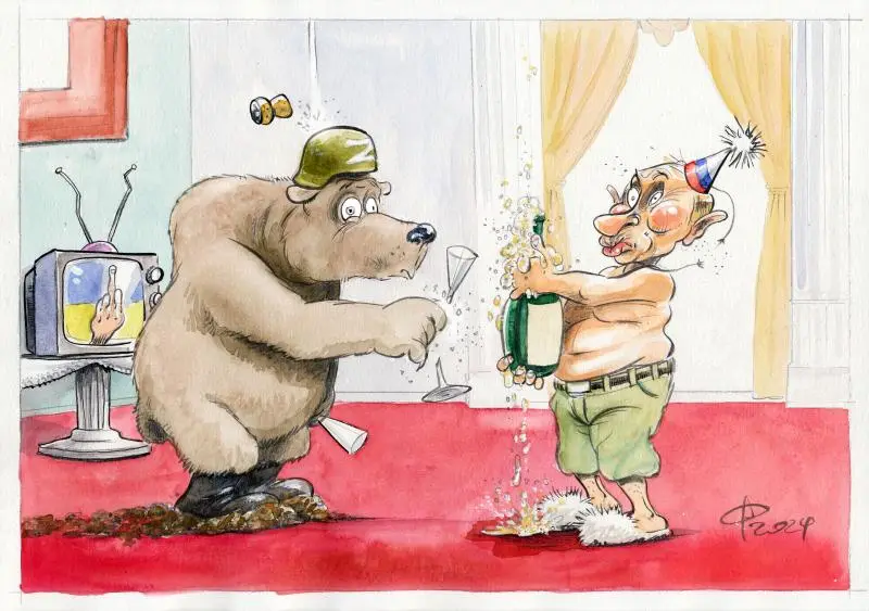A cartoon depicts a large bear in a green cap holding a champagne flute, looking at a man in green shorts and a party hat…
