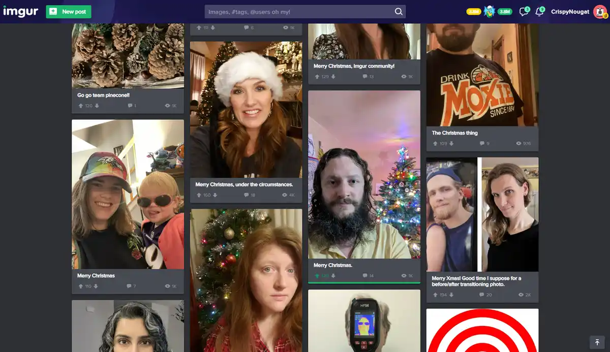 A screenshot of an Imgur page displaying multiple Christmas-themed user posts. One central post features a woman wearing a…