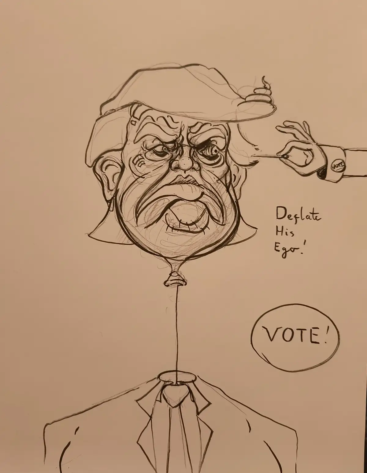 A hand with a 'VOTE' button on its cuff uses a pin to puncture a balloon shaped like a caricatured man's head wearing a hat…
