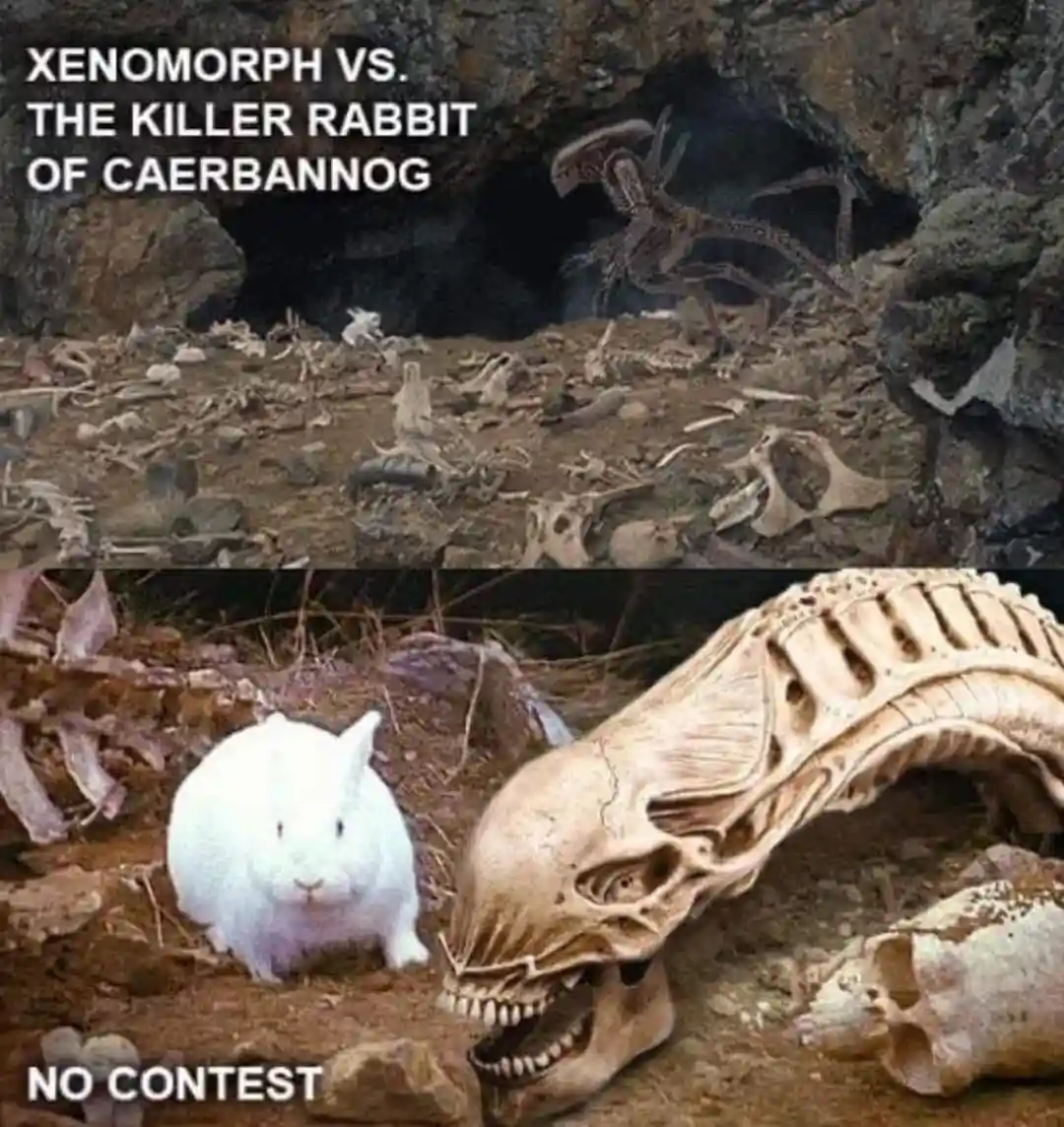 The image is split into two panels. The top panel shows a skeletal xenomorph emerging from a cave surrounded by bones, with…