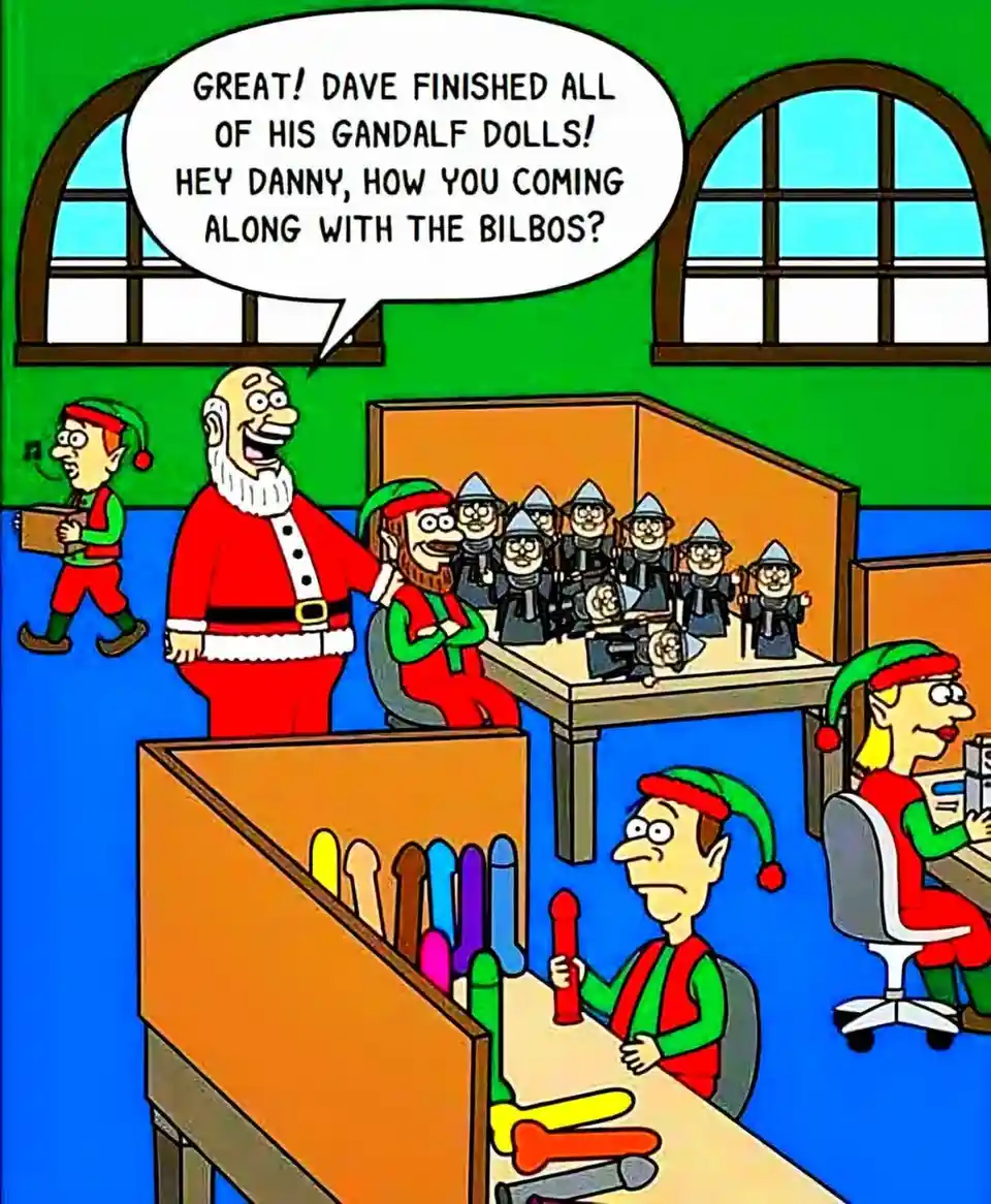 In a cartoon depiction of a toy factory, Santa Claus congratulates an elf named Dave for finishing his Gandalf dolls, then…