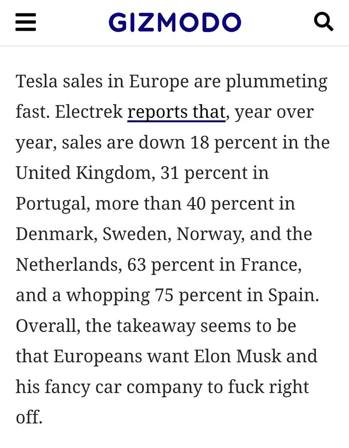 A screenshot of a Gizmodo article detailing steep year-over-year declines in Tesla sales across multiple European countries…