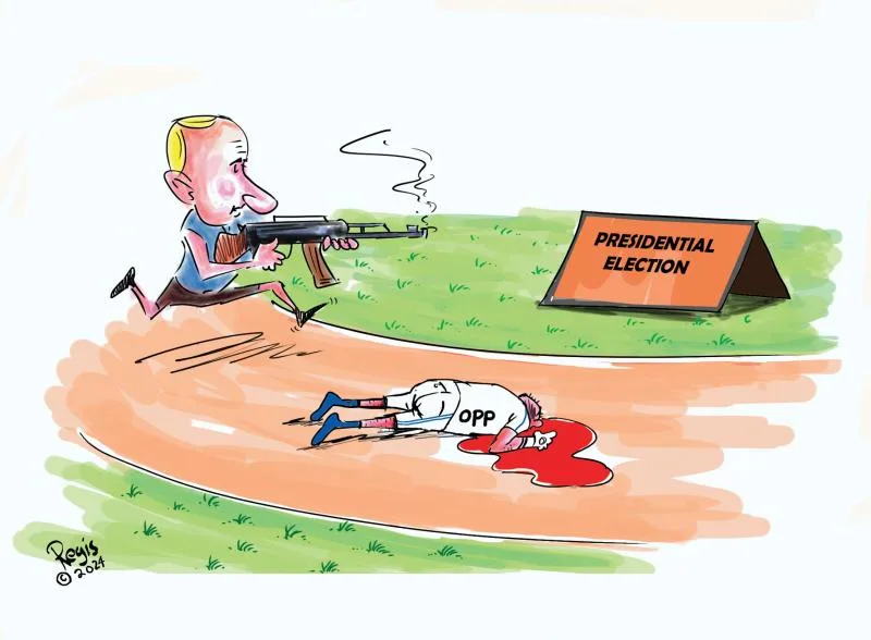 A cartoon depicts a caricature of Vladimir Putin running with an AK-47 rifle toward a sign labeled 'PRESIDENTIAL ELECTION'…